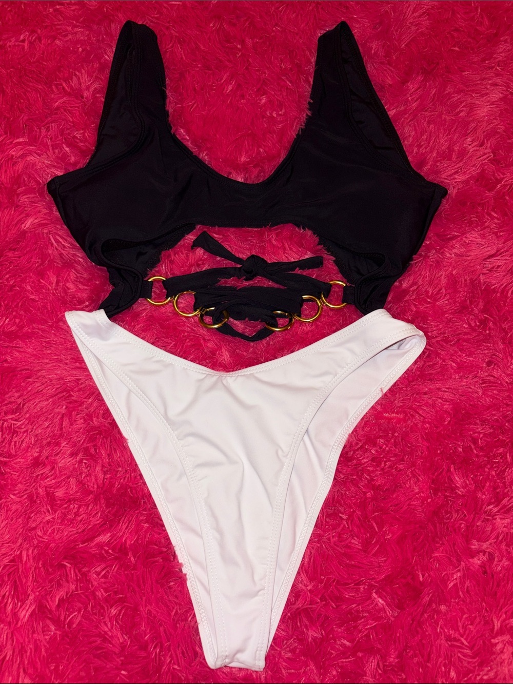 SHEIN Black & White One-Piece Swimsuit with Gold Rings